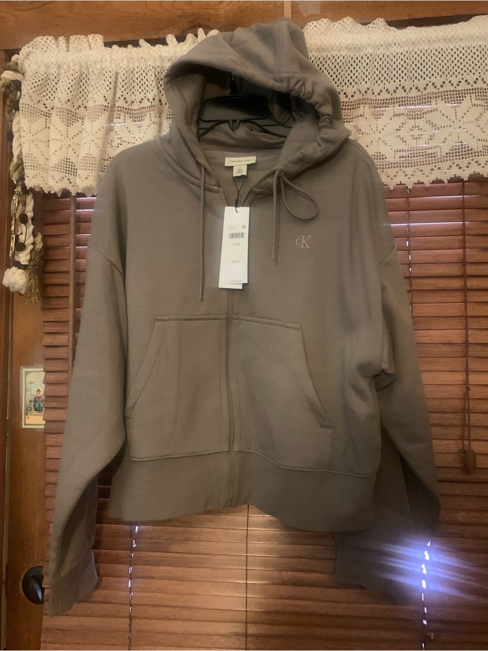 Calvin Klein zip-up hoodie in taupe-gray with cK logo